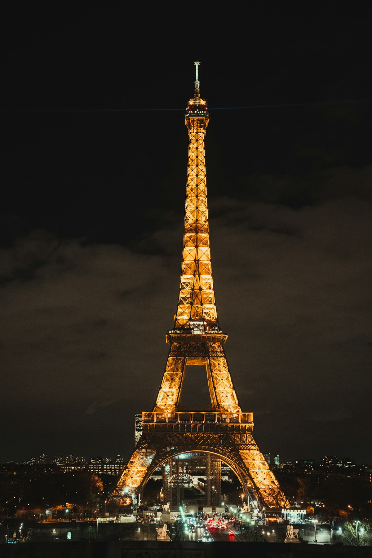 The Eiffel Tower illuminated at night in Paris